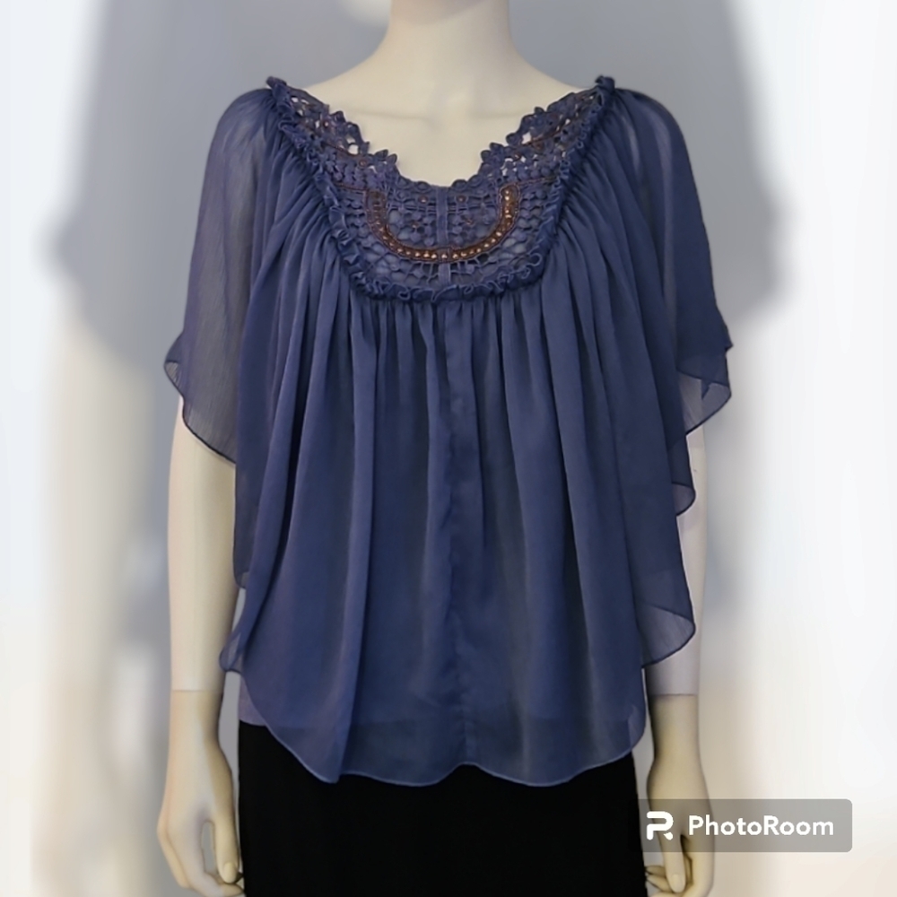 VTG NINE WEST Fairycore Blue Crochet Lace Chiffon Shawl Poncho Festival Top - Picture 2 of 9
